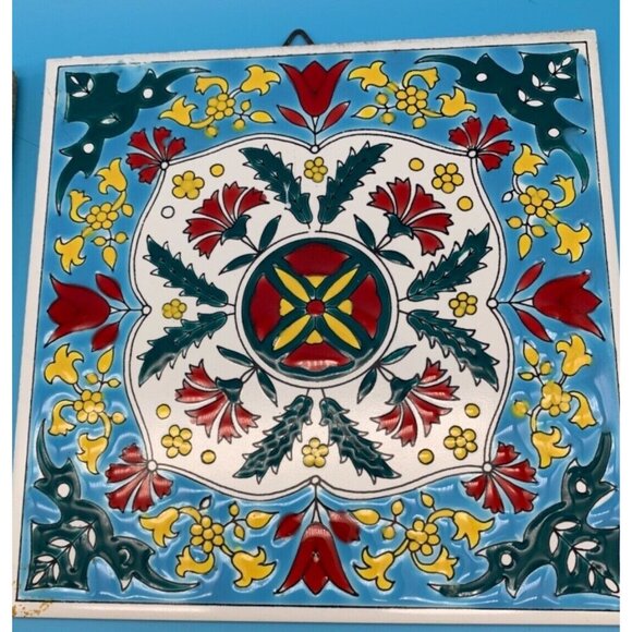 Vintage, Early, H&R Johnson, Greece, Philkeram Johnson 6" Tile Blue Red Tulips - Picture 5 of 7